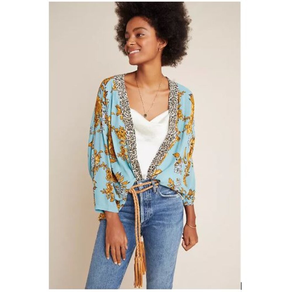 Anthropologie Zoe Leopard-Trimmed Kimono in Blue Green Motif - One Size - NWOT